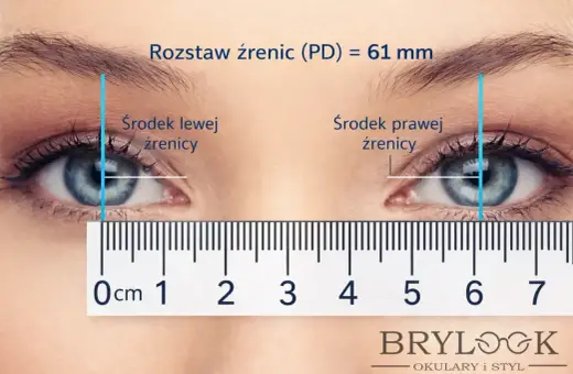 Pomiary rozstawu źrenic (PD) 61 mm, kluczowe oznaczenia na oprawkach okularów.
