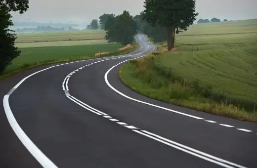 Zakręt drogi z podwójną ciągłą linią, gdzie wyprzedzanie jest zabronione. Pola i drzewa w tle.