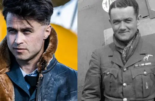 Dwóch pilotów, jeden współczesny w kurtce lotniczej, drugi z epoki, w mundurze z odznaczeniami, symbolizuje legendarny dywizjon 303.