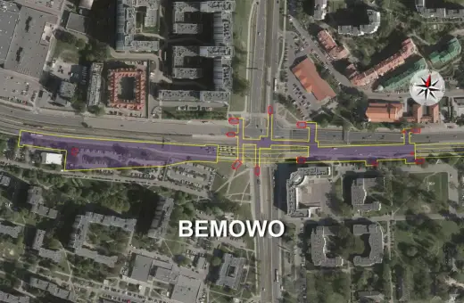 Widok z lotu ptaka na Bemowo z zaznaczonym obszarem metra, skrzyżowaniami i budynkami.
