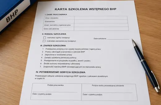 Karta szkolenia wstępnego BHP z polami do wypełnienia przez pracownika i prowadzącego. Dokument zawiera sekcje dotyczące danych pracownika, rodzaju szkolenia, zakresu tematycznego oraz potwierdzenia odbycia.