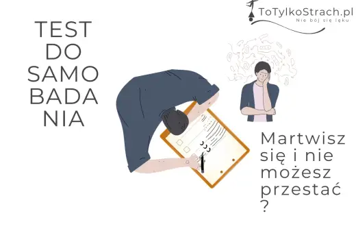 Test do samobadania. Osoba pochylona nad kartką, obok zmartwiony mężczyzna z kłębiącymi się myślami. Czy martwisz się i nie możesz przestać?