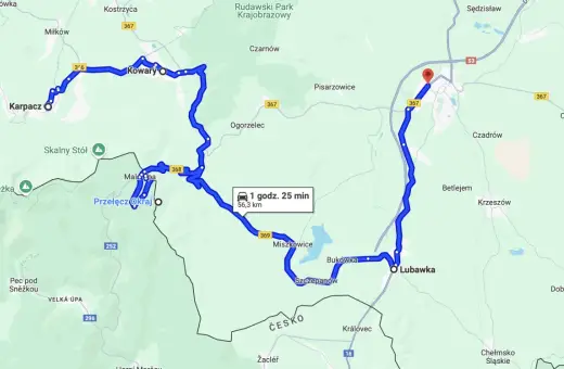 Trasy motocyklowe Dolny Śląsk: pętla przez Karpacz, Kowary, Przełęcz Okraj i Lubawkę. Widok mapy z zaznaczoną trasą.