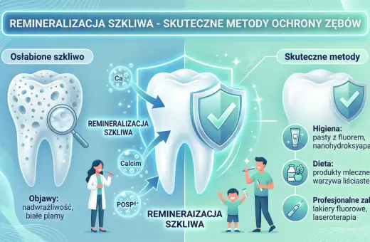 Jak wzmocnić zęby? Grafika pokazuje remineralizację szkliwa przez wapń i fosforany, higienę (pasty z fluorem), dietę (nabiał, warzywa) i zabiegi (lakiery, laser).