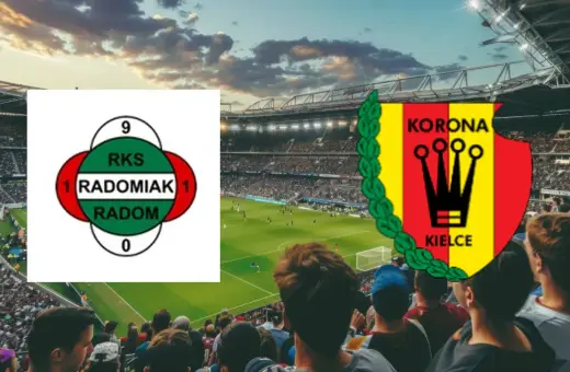 Emblematy Radomiaka Radom i Korony Kielce na tle stadionu. Wynik meczu 1:1.