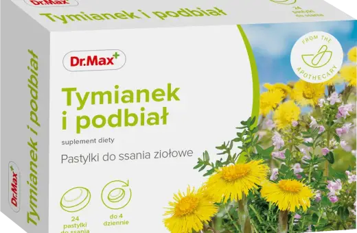 Dr.Max Tymianek i podbiał - ziołowe pastylki do ssania, idealne co na ból gardła. Opakowanie zawiera 24 sztuki.
