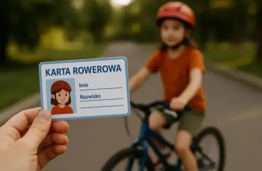 Karta rowerowa daje pewność, że młody cyklista zna zasady ruchu drogowego. Dziecko na rowerze w tle.