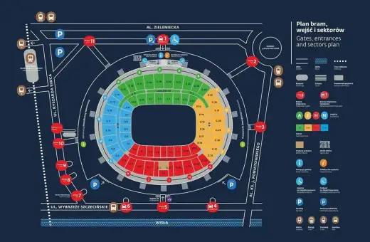 Plan bram, wejść i sektorów Stadionu Narodowego. Sprawdź, co można wnieść na stadion, gdzie są wejścia i parkingi.