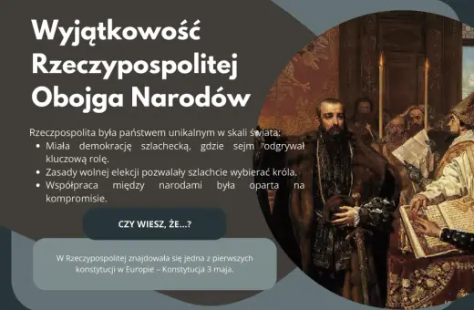 Obraz przedstawia scenę historyczną związaną z Unią Lubelską, ukazującą unikalność Rzeczypospolitej Obojga Narodów, jej demokrację szlachecką i wolną elekcję.