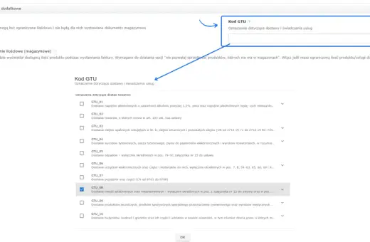 Zaznaczono GTU_08: dostawa metali szlachetnych i nieszlachetnych. System pozwala na ograniczenie ilościowe produktów w magazynie.