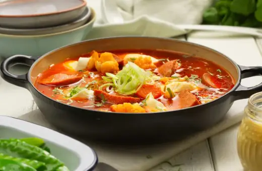 En värmande korvgryta med morötter och vitkål, perfekt för ett enkelt korvgryta recept. Serveras med gröna bönor och en klick senap.