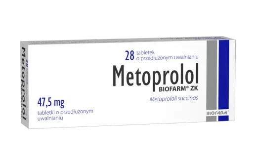 Opakowanie leku Metocard zawierające 28 tabletek o przedłużonym uwalnianiu, dawka 47,5 mg.