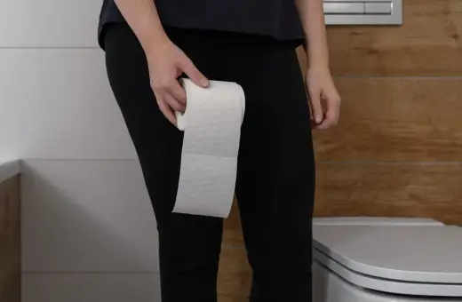Osoba trzymająca rolkę papieru toaletowego w łazience, sugerująca problem z nykturią.