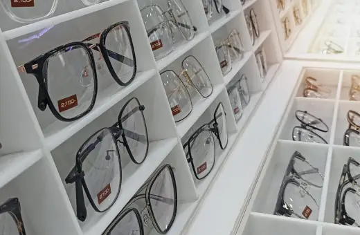 Eleganckie okulary w różnych stylach, niektóre z ceną 2,100. To najdroższe szkła do okularów, które można znaleźć w tym sklepie.