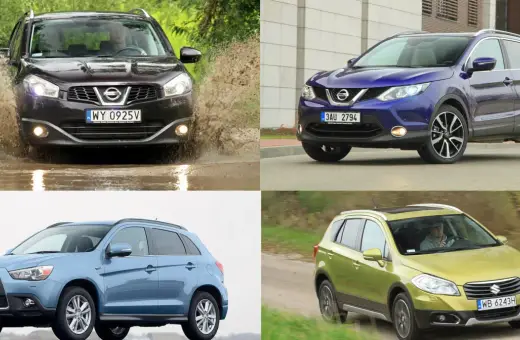 Ciemny i niebieski nowy Nissan Qashqai na tle miejskim, jasnoniebieski SUV i zielony crossover na tle przyrody.