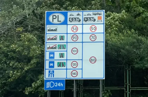 Znak drogowy PL: samochody osobowe z przyczepką do 3,5t mogą jechać 90 km/h, a powyżej 3,5t 70 km/h.