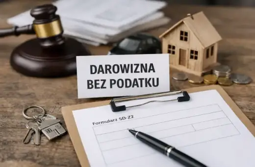 Darowizna dla dziecka bez podatku. Na stole młotek sędziowski, klucze, domek, monety i formularz SD-Z2.