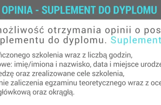Opinia - suplement do dyplomu zawiera dane szkolenia, osobowe, wiedzę, ocenę egzaminu i pieczęcie.