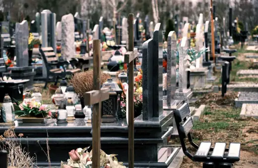 Cmentarz z nagrobkami i krzyżami. W oddali widać drzewa. Co oznacza RIP na pomniku? To skrót od łacińskiego "Requiescat in pace", czyli "Niech spoczywa w pokoju".