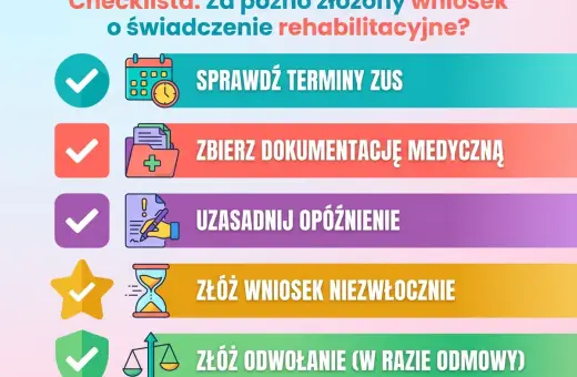 Checklista: Sprawdź terminy ZUS, zbierz dokumentację, uzasadnij opóźnienie, złóż wniosek lub odwołanie. Uniknij problemów z za późno złożonym wnioskiem o świadczenie rehabilitacyjne.