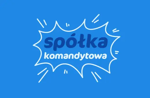 Biały dymek z napisem "spółka komandytowa skrót" na niebieskim tle.