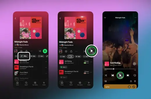 Trzy ekrany Spotify pokazują playlistę "Midnight Fade". Można dodać utwory, miksować, edytować i sortować. Idealne polskie piosenki na nocne słuchanie.