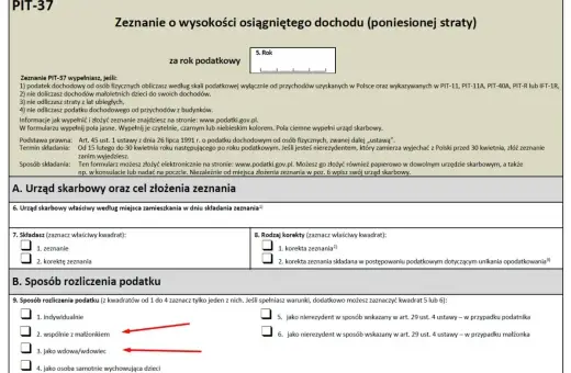 Formularz PIT-37, sekcja "Sposób rozliczenia podatku". Czy trzeba rozliczać PIT-11? Zaznaczono opcję "wspólnie z małżonkiem".