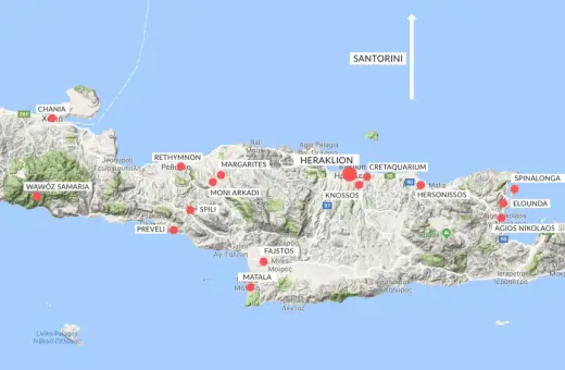 Kreta leży nad Morzem Śródziemnym. Mapa pokazuje główne miasta i atrakcje wyspy, od Chanii po Sitia.