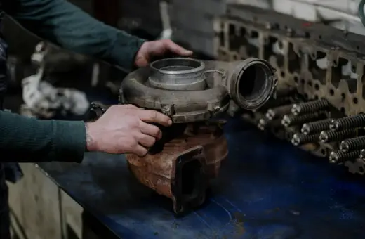 Mechanik trzyma turbosprężarkę, przygotowując się do wymiany zaworu N75.