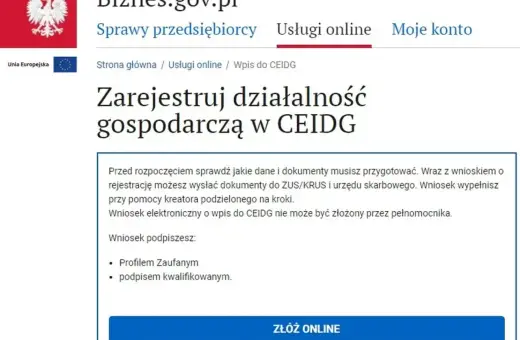 Strona Biznes.gov.pl informuje o rejestracji działalności gospodarczej w CEIDG. Można złożyć wniosek online.
