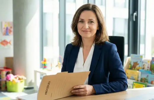 Kobieta w granatowej marynarce trzyma teczkę z napisem "PROCEDURY". W tle przedszkolne rysunki i książki. To przykładowy opis oceny pracy nauczyciela przedszkola.