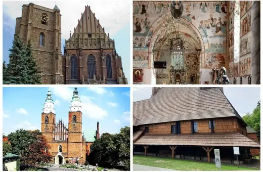Kolekcja zabytkowych kościołów w Polsce: gotycka katedra, wnętrze z malowidłami, ceglana bazylika i drewniany kościółek.