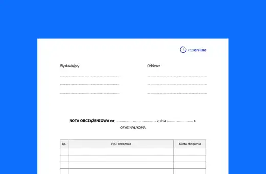Formularz nota obciążeniowa z polami do wypełnienia dla wystawcy i odbiorcy, numerem dokumentu i datą.