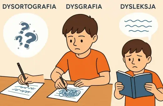Chłopiec z dysleksją ma trudności z czytaniem, podczas gdy inny zmaga się z pisaniem.