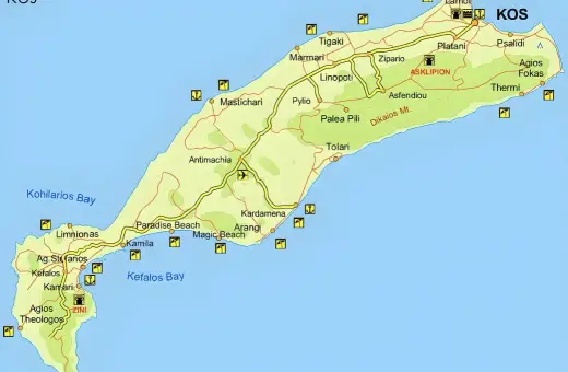 Mapa turystyczna greckiej wyspy Kos z zaznaczonymi miejscowościami, plażami i górami.