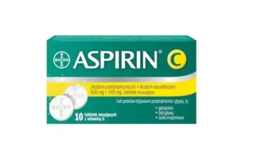 Opakowanie Aspirin C z kwasem acetylosalicylowym i witaminą C, 10 tabletek musujących na objawy przeziębienia i grypy.