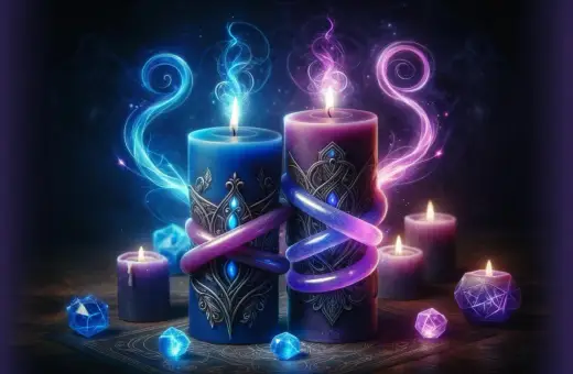 Niebieska świeca znaczenie: dwie magiczne świece, niebieska i fioletowa, splecione ze sobą, otoczone świetlistymi spiralami i kryształami.