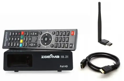 Zestaw do telewizji satelitarnej: dekoder, pilot, kabel HDMI i antena Wi-Fi.