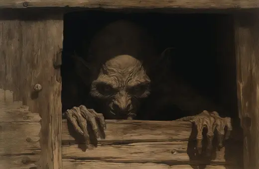 Potwór o przerażającej twarzy i szponiastych dłoniach wychyla się z ciemności, jakby z okładki albumu **black metal**.