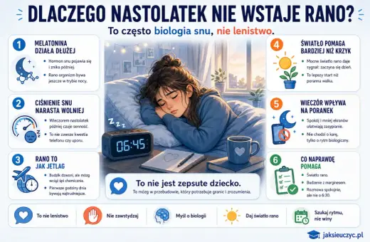 Ilustracja wyjaśnia problemy nastolatków z porannym wstawaniem, podkreślając biologię snu, a nie lenistwo. Pokazuje śpiącą nastolatkę i punkty dotyczące melatoniny, ciśnienia snu, rytmu dobowego i wpływu światła.