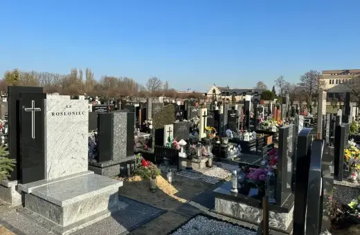 Wiele nagrobków na cmentarzu, niektóre ozdobione krzyżami i kwiatami.
