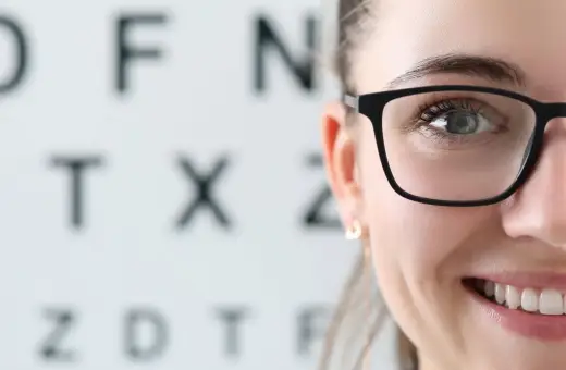Uśmiechnięta kobieta w okularach na tle tablicy Snellena. Wizyta u optometrysty lub okulisty to ważny krok do dobrego widzenia.