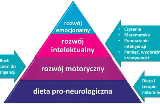 Piramida rozwoju: dieta, ruch, rozwój motoryczny, intelektualny i emocjonalny. Kluczem do inteligencji jest ruch, a sprawczość buduje się na fundamencie zdrowia.