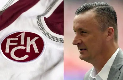 Herb 1. FC Kaiserslautern na białej koszulce obok profilu mężczyzny w szarym garniturze.