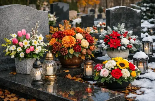 Wiosenne kwiaty na cmentarz: bukiety róż, tulipanów i słoneczników, ozdobione świecami i liśćmi, tworzą wzruszający widok.