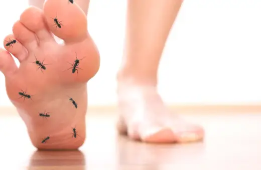 Mrówki na stopie symbolizują mrowienie i drętwienie, objawy neuropatii cukrzycowej.