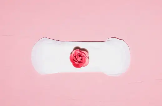 Biały podpaska z różową różą pośrodku. Symbolizuje cykl menstruacyjny, gdzie skrzep czy zarodek może być częścią tej naturalnej podróży.