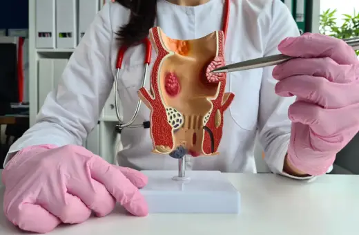 Model jelita grubego z widocznymi hemoroidami, często pojawiającymi się po porodzie. Lekarz w różowych rękawiczkach wskazuje na problem.