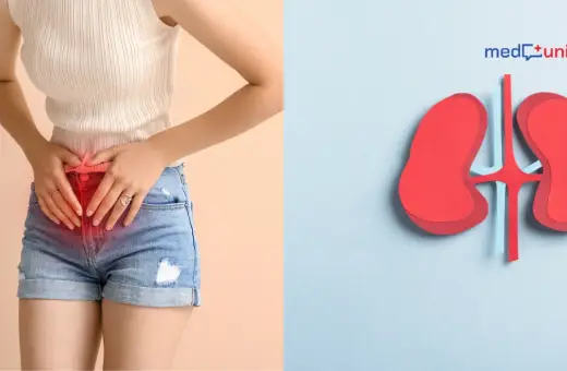 Kobieta z bólem w podbrzuszu i symbol nerek. Szukasz leki na śmierdzący mocz?