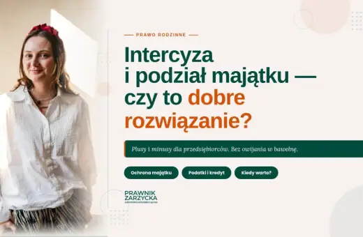 Kobieta w białej koszuli i czerwonej opasce na włosach. Tytuł: "Intercyza i podział majątku – czy to dobre rozwiązanie?".